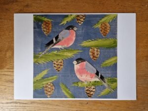 Original Collage – Bullfinches and fir cones