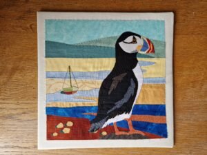 Original Embroidery – Puffin and Yacht