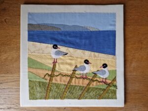 Original Embroidery – Gulls on a Fence